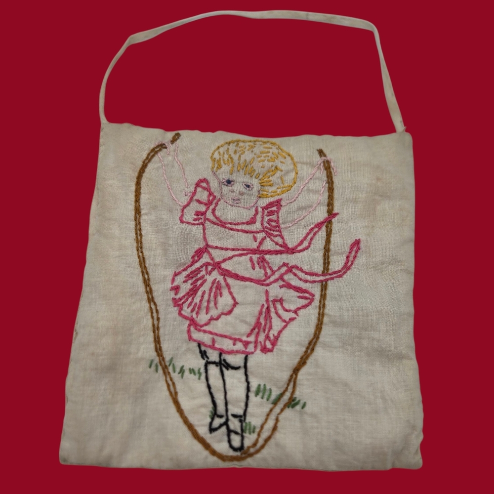 MCM Vintage Hand Embroidered Girl in Jumping Rope Hot Pad with Hanging Strap